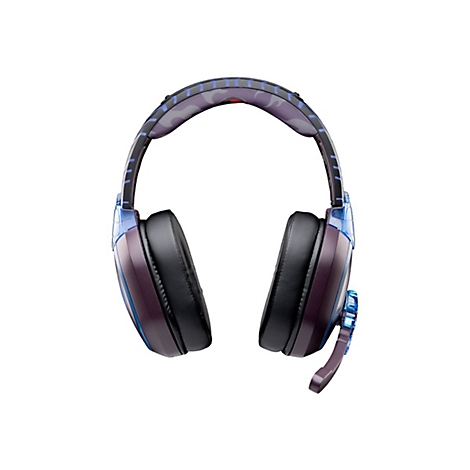 Vue de dessus d'un casque de jeu avec rembourrage noir, accents bleu-violet et microphone.