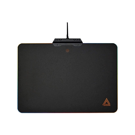 Tapis de souris de jeu rectangulaire noir avec éclairage RVB et logo.