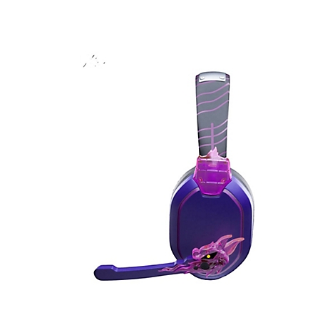 Casque de jeu violet avec détails de dragon et microphone. Bandeau gris avec lignes roses, détails lumineux.
