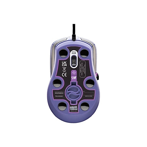 Vue de dessous d'une souris de jeu violette avec des éléments noirs et du texte tel que "OPTICAL SENSOR".