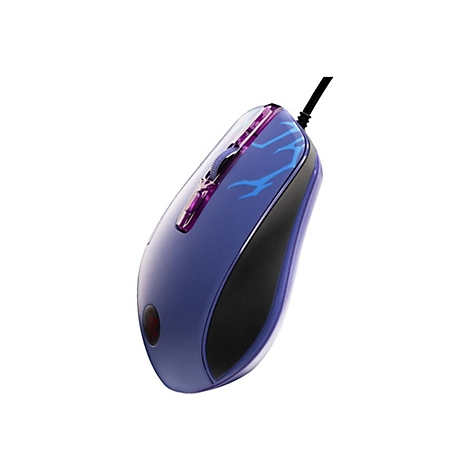 Souris de jeu bleue, avec des éléments violets, un motif d'éclair et un bouton rouge.