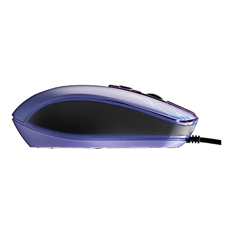 Souris de jeu bleue de profil sur fond blanc. Surface et câble noirs.