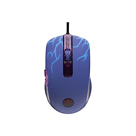 Souris de jeu bleue avec motif d'éclair, molette et logo rouge sur fond blanc.