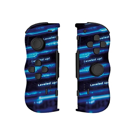 Deux manettes Joy-Con avec un design bleu et le texte "Leveled up!".