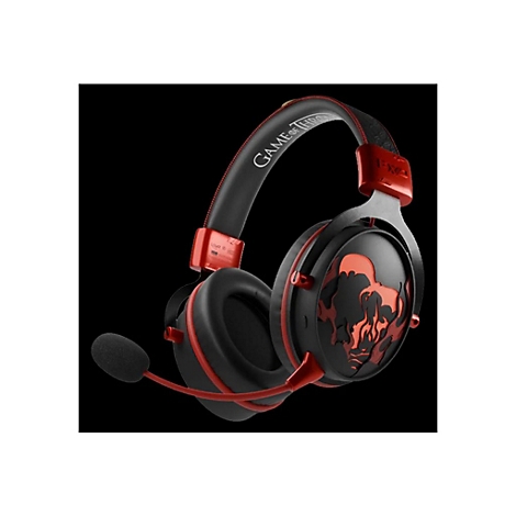 Casque de jeu noir avec des touches de rouge et un motif Game of Thrones. Inscription : GAME OF THRONES.