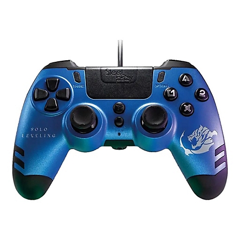 Manette de jeu bleue avec boutons noirs et logo blanc. Inscription "Solo Leveling".