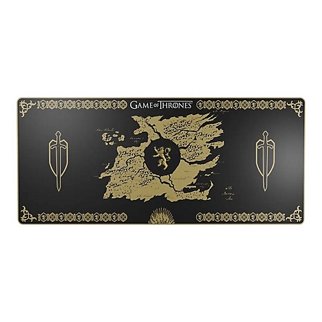 Tapis de souris Game of Thrones noir avec carte et logos dorés. Épées sur les côtés, éléments textuels.