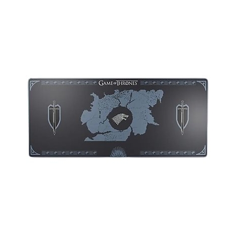 Tapis de souris noir Game of Thrones avec carte du monde, boucliers, tête de loup et lettrage. Imprimé 'Game of Thrones'.