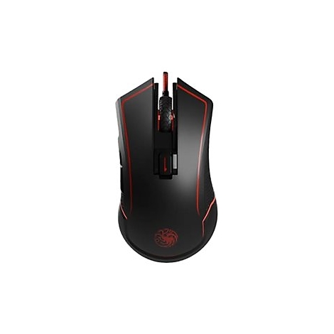 Souris de jeu noire avec des accents rouges et un logo de dragon.