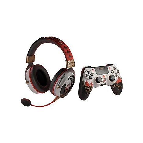 Casque et manette avec un design rouge et noir. Les deux sont décorés de motifs japonais et se détachent sur un fond blanc.
