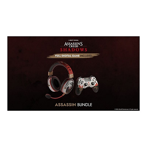 Ensemble Assassin's Creed Shadows : casque et contrôleur. Inscription : Assassin Bundle, Assassin's Creed Shadows.