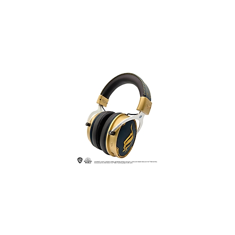 Casque doré avec un accent bleu, détaillé sur fond blanc.