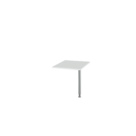 Una mesa cuadrada blanca sostenida por una pata gris, sobre un fondo blanco.