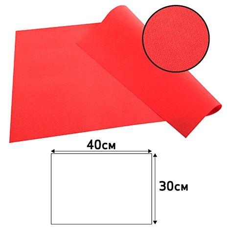 Rode placemat, opgerold, met detailweergave van het oppervlak en afmetingen.