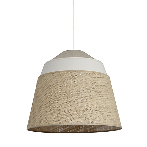 Hanglamp met linnen lampenkap. Witte streep en grijze afwerking.