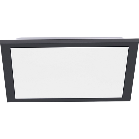 Vue de dessus d'une lampe de plafond rectangulaire avec un cadre noir et une surface lumineuse blanche.