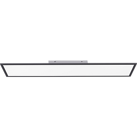 Un plafonnier rectangulaire, bordé de noir avec une lumière vive. Fixé au plafond.