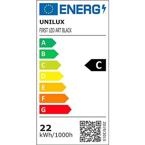 Étiquette énergétique pour une lampe LED UNILUX. Affiche l'efficacité énergétique C, 22 kWh/1000h. Avec code QR et nom du modèle.