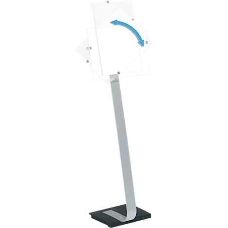 Ständer für Präsentationen mit drehbarem, transparentem Schild und blauem Pfeil.