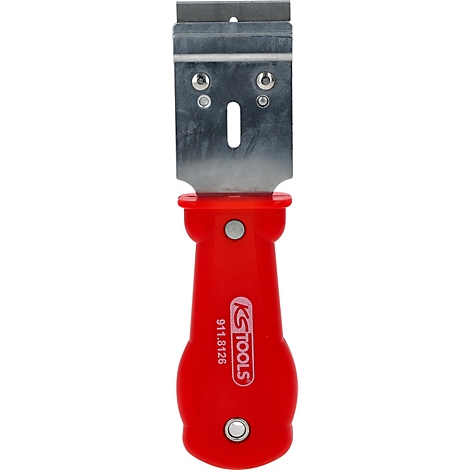 Schaber mit rotem Griff und Metallklinge. Auf dem Griff ist "KS TOOLS" und die Artikelnummer aufgedruckt.