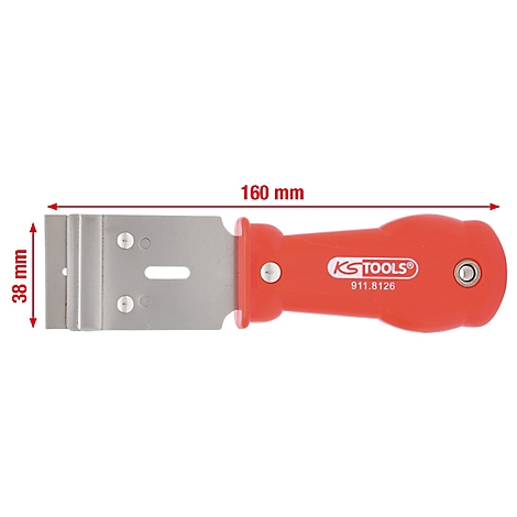 Abziehschaber, rot-silber, mit Größenangaben (160mm x 38mm) und Markenlogo.