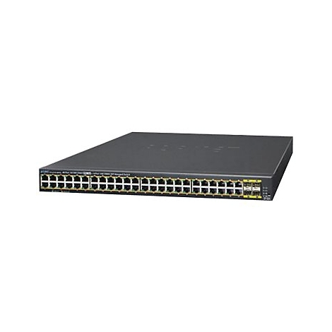 Schwarzer Netzwerk-Switch mit vielen AnschlÃ¼ssen, auf weiÃŸem Hintergrund.