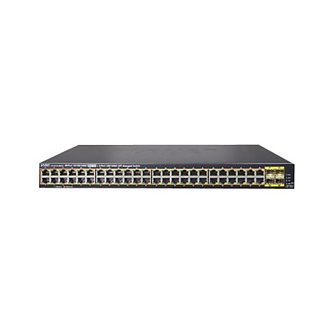 Ein schwarzer Netzwerk-Switch mit zahlreichen AnschlÃ¼ssen, Beschriftungen und Anzeigen.