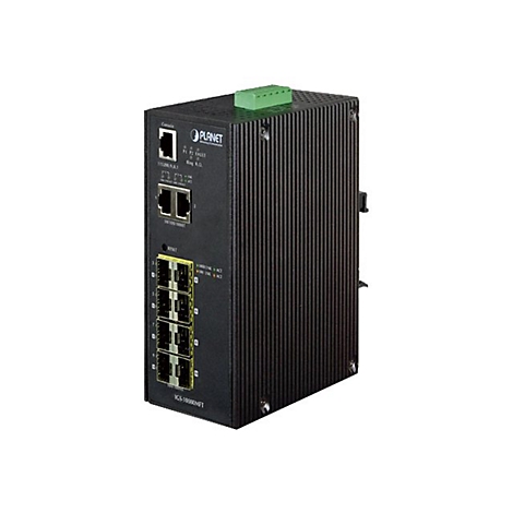 Ein schwarzer Netzwerkswitch mit grünen Anschlüssen und mehreren Ports.