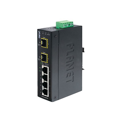 Schwarzer Netzwerk-Switch von Planet mit Anschlüssen und Beschriftungen. Oberhalb grüne Klemmen, unten Anschlüsse.