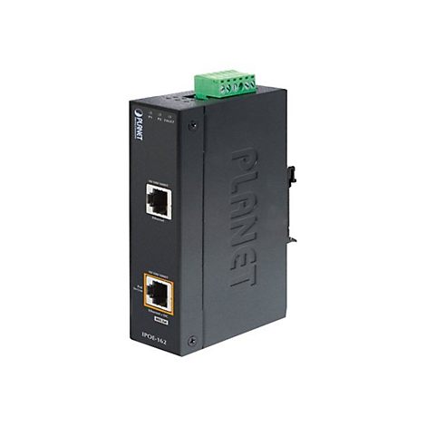 Schwarzer Netzwerk Switch mit grÃ¼nen AnschlÃ¼ssen oben. Auf dem GerÃ¤t steht PLANET. Unten sind zwei RJ45 AnschlÃ¼sse.