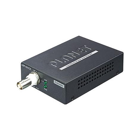 Schwarzes LRP-101CE Extender-Gerät mit BNC-Anschluss, beschriftet mit Planet Long Reach Power over Ethernet.