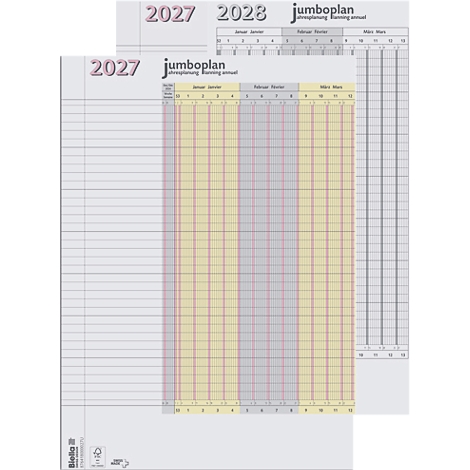 Plusieurs calendriers JumboPlan pour 2027 et 2028. Une grille est étiquetée avec janvier, février et mars.