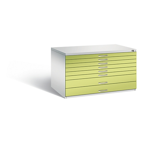 Een geel plat ladesysteem, met een witte bovenklep en zijkanten. De laden zijn in een rij gerangschikt, elk met een chromen handvat.