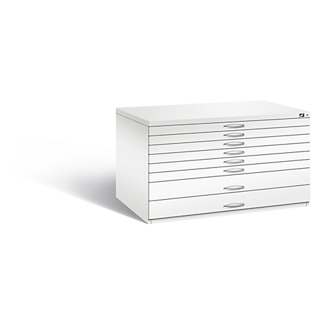 Witte platte archiefkast met acht laden met zilveren handgrepen op een witte achtergrond.
