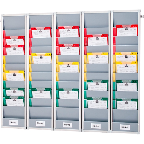 Porte-documents mural avec cinq colonnes et séparateurs colorés pour un classement organisé des documents.