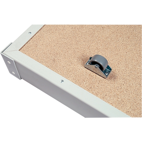 Corner view of a table with castors. Grey frame, wooden top, small castor.