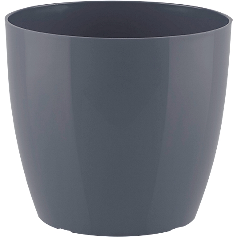 Gray plastic flower pot, oval shape.