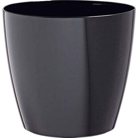 Black, conical flower pot made of shiny plastic.