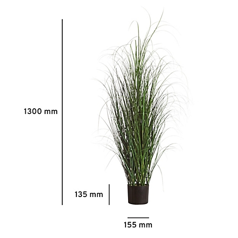 Une grande plante ornementale artificielle dans un pot noir. Dimensions : 1300 mm de haut, 135 mm de large, 155 mm de profondeur.