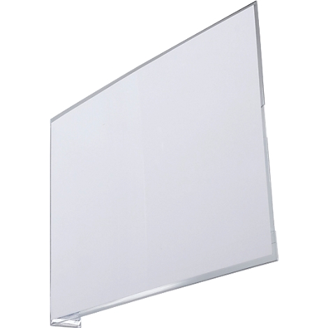 Un tableau blanc rectangulaire, légèrement incliné, avec un cadre fin de couleur argentée. Une petite poignée en bas à gauche.