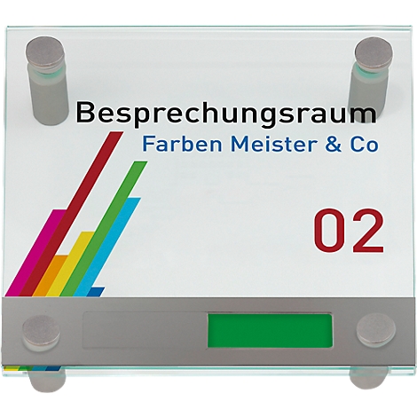 Panneau de salle en verre avec l'inscription 'Salle de réunion Farben Meister & Co' et le numéro '02'. Bandes colorées. Zone rectangulaire verte.