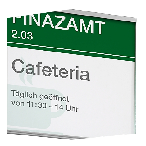Panneau avec "Finanzamt 2.03 Cafeteria" indiquant les horaires d'ouverture.