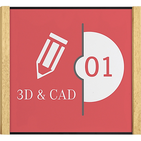 Panneau rouge avec une icône de crayon et le texte "3D & CAD", à côté de cela le chiffre "01" dans un cercle blanc.