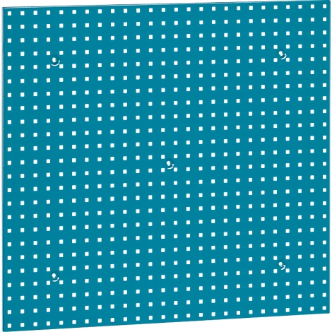 Plaque turquoise-vert avec des évidements carrés. Des points de fixation ronds sont visibles dans les coins.