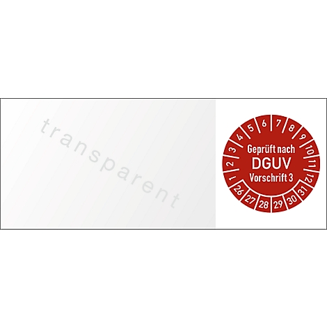 Sceau de test DGUV rond et rouge avec des chiffres et du texte: Geprüft nach DGUV Vorschrift 3.