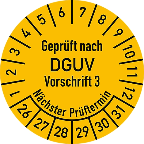 Autocollant jaune avec texte : Geprüft nach DGUV Vorschrift 3. Chiffres et affichage de la date pour la prochaine date d'inspection.