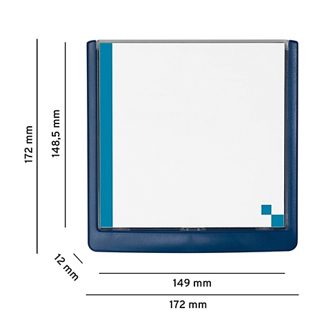 Bac bleu pour documents sur fond blanc avec dimensions. Il indique la hauteur, la largeur et la profondeur du bac.
