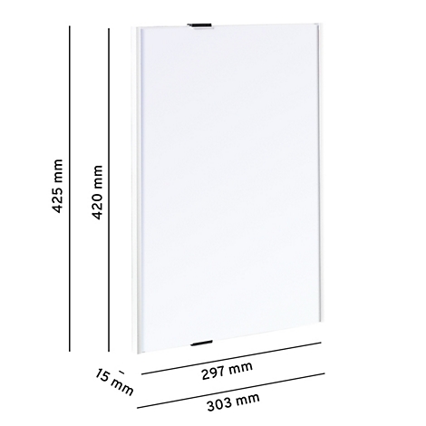 Un objet blanc rectangulaire avec des dimensions : 425 mm de hauteur, 297 mm de largeur, 15 mm de profondeur. Éléments noirs en haut et en bas.