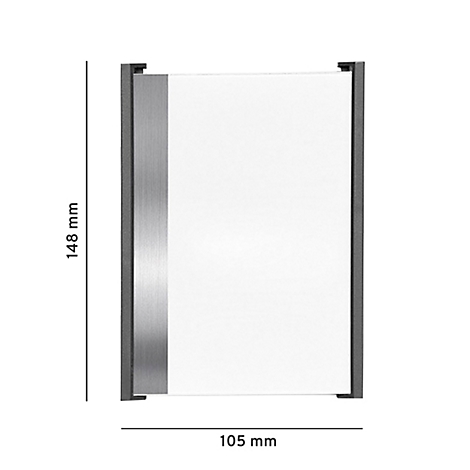 Un objet en verre rectangulaire, encadré de métal. Dimensions : 148 mm de haut, 105 mm de large.