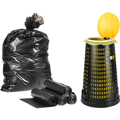 Black garbage bag, rolls of trash bags and trash can with yellow lid. The scene is on a white background.